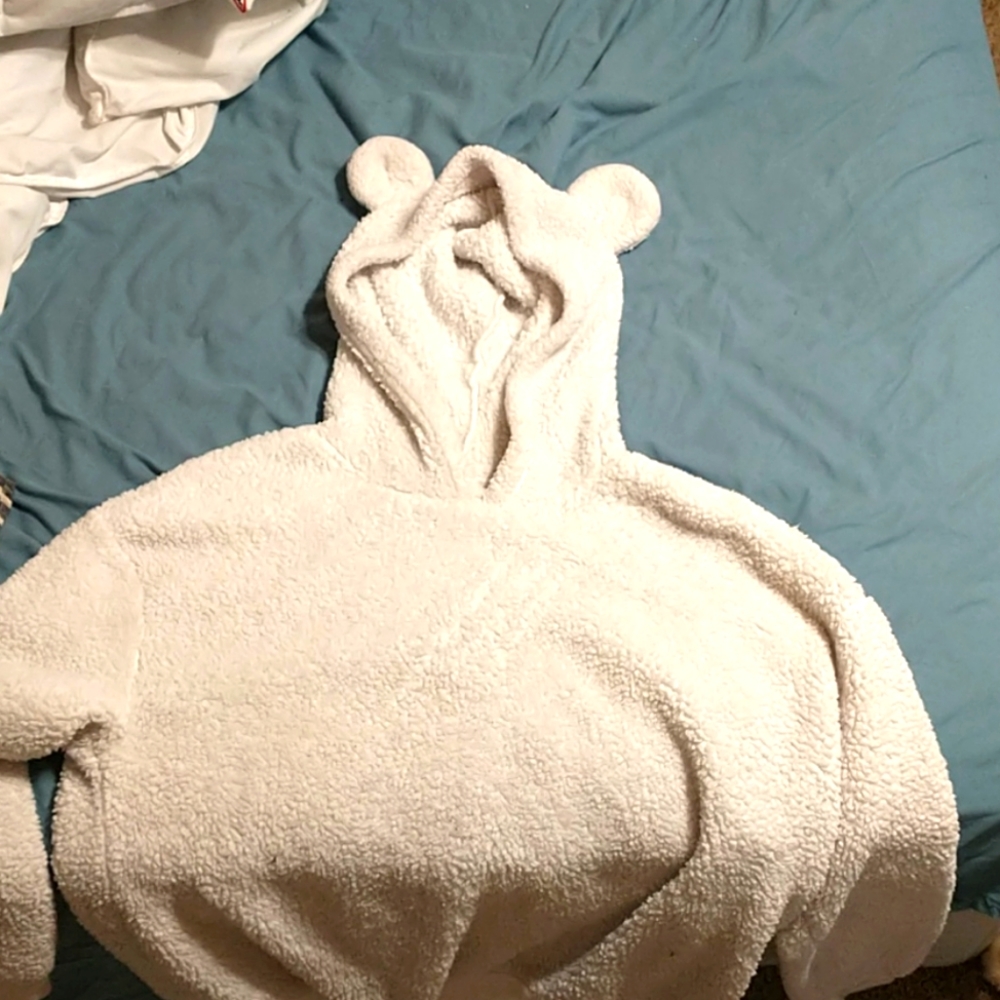White hoodie with bear ears.
